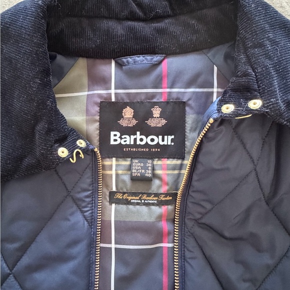 Barbour Navy Quilted Jacket with Black Corduroy Collar - Picture 3 of 4